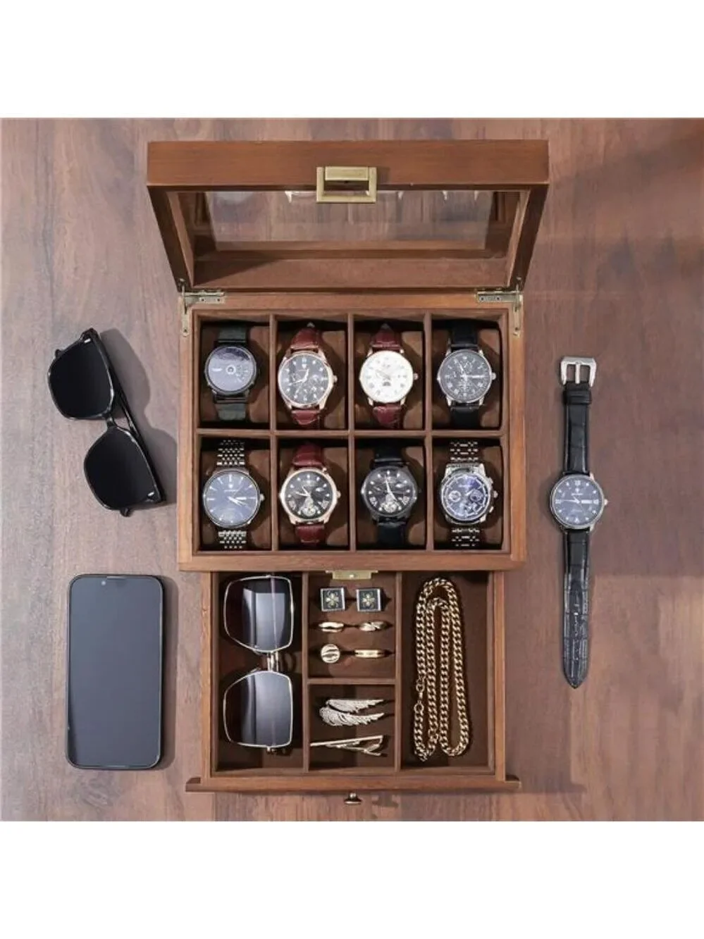 Wood Watch Box for Men 8 Slot Display Case with Drawer Jewelry Organizer